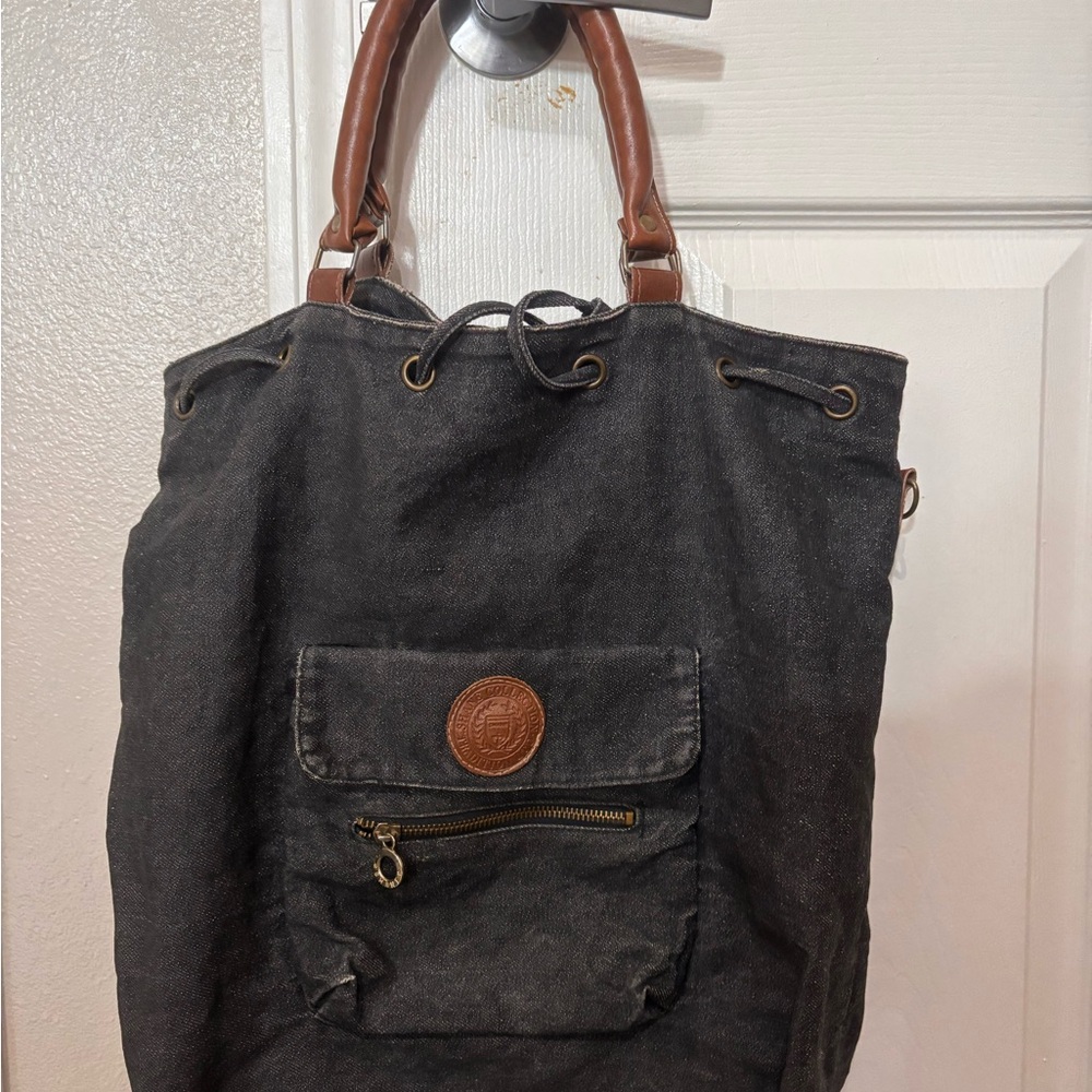 Vintage Shane Collection Black Canvas Messenger Bag with Brown Leather Handles